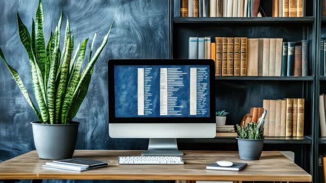 A home office setup displays computer code on a monitor, with plants and a bookshelf
