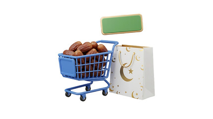 Miniature shopping cart filled with dates next to a gift box and a green bar.