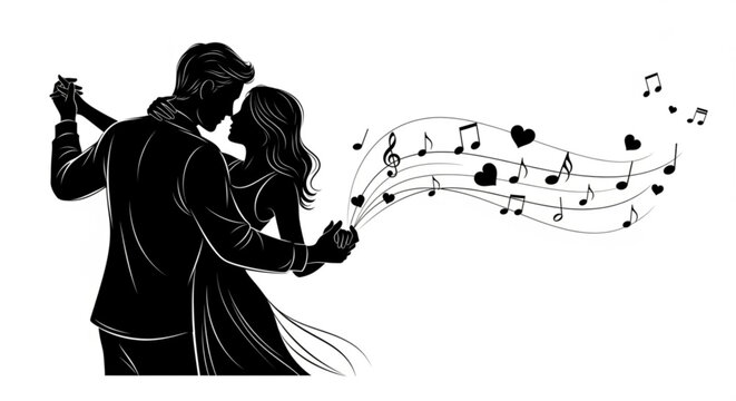 Couple dancing together, surrounded by floating music notes and hearts, a romantic scene from a tender viewpoint