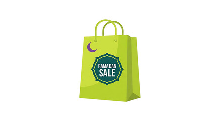 Vibrant green shopping bag with Ramadan Sale label and crescent moon symbol.