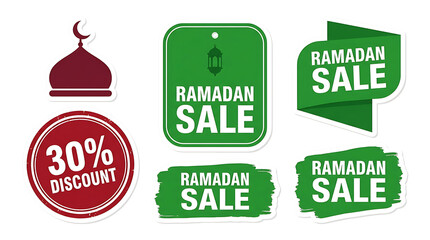 Ramadan Sale and Discount Badges with Mosque Dome Icon.