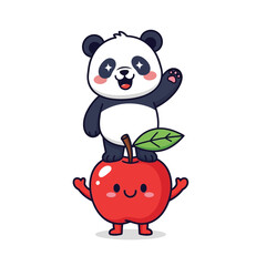 Naklejka premium Cute Panda Waving on Top of Smiling Apple Character, Kawaii Style, White Background