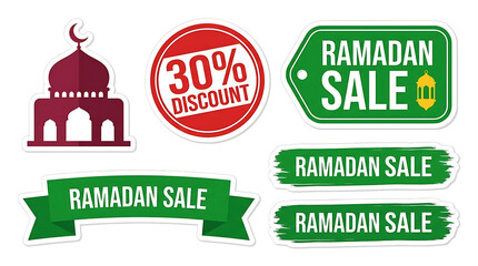 Ramadan Sale Banners and Discount Stickers with Mosque Icon.
