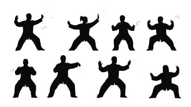 Silhouettes of people practicing martial arts and tai chi poses against a white background.
