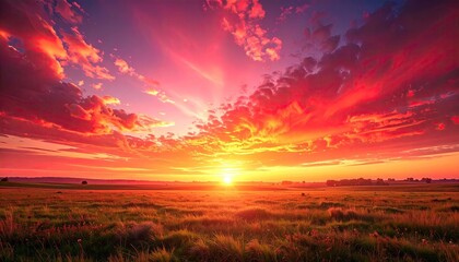 Obraz premium Vibrant Sunset over a Grassy Field with Dramatic Clouds and Golden Light