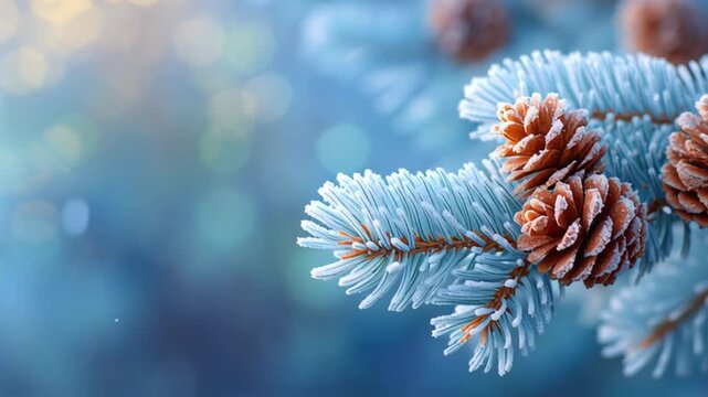 Snowy fir branch with pine cones in blue bokeh background, light snowflakes drift across frame as the twig gently sways and the camera refocuses for winter holiday mood.