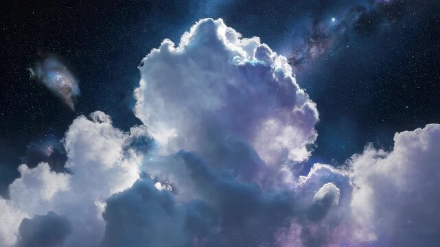 A celestial scene blending fluffy clouds with a starry night sky, hinting at cosmic wonders