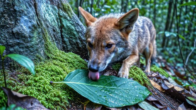 Red Wolf Investigating Green Leaf on Forest Floor