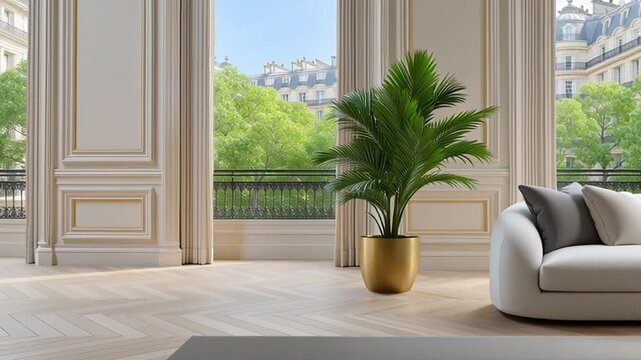 Elegant apartment lounge with cream sofa, tall windows and city skyline; the camera glides left revealing more balcony and potted palm while sheer curtains ripple in daylight.