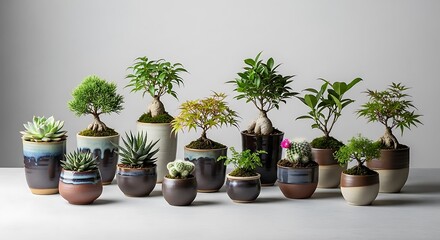 Obraz premium Collection of Miniature Potted Plants on White Surface.