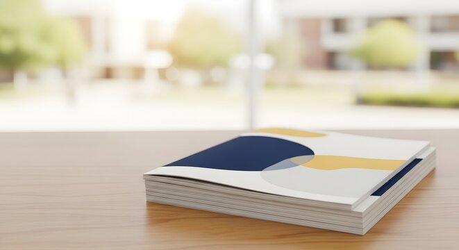Modern college brochures on a wooden table, ideal for a university open days concept promoting academic enrollment and future studies