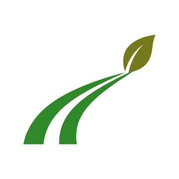 A stylized green leaf emerging from a curving path, symbolizing growth, nature, and environmental progress.