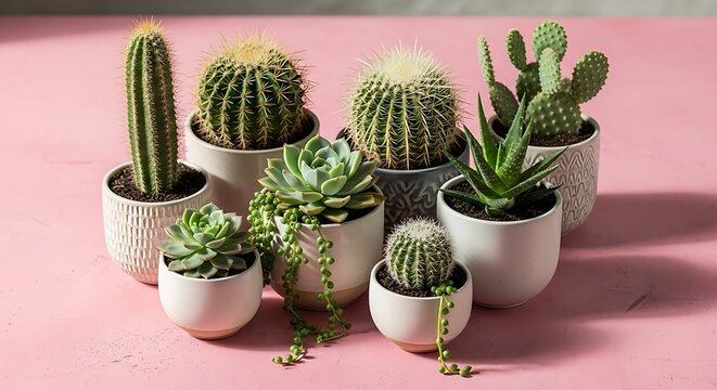 Collection of potted cacti and succulents on a pink surface.