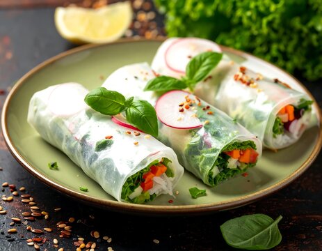 Freshly prepared vegan spring rolls on a plate with herbs