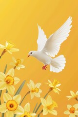 Fototapeta premium Dove flying among daffodils for saint david's day celebration and greeting card design. Flat illustration. Vertical banner. Copy space. Template for first communion, baptism, wedding invitation, card