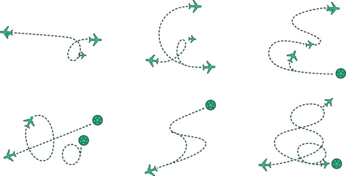 vector illustration described features six distinct variations of airplane flight paths, each represented by dotted lines that begin with a small teal airplane and end with a larger teal circle, symbo