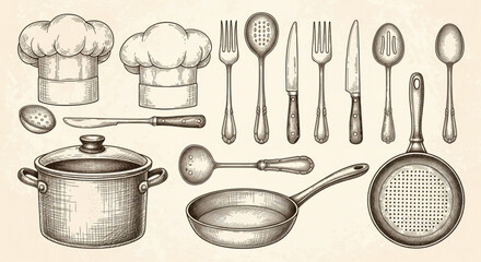 Old-Fashioned Cookware: Hand-Drawn Illustration of Vintage Kitchen Utensils