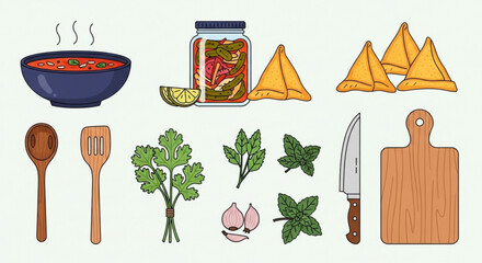 Kitchen and Culinary Graphics: Flat Vector Pickled Vegetables and Samosa Set