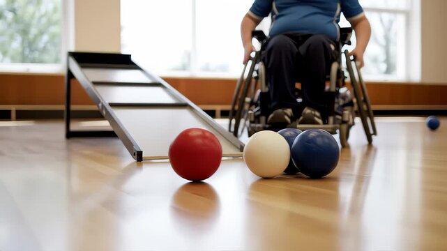 Boy in Wheelchair Plays Bocce on Ramp in Gym for Rehabilitation Therapy