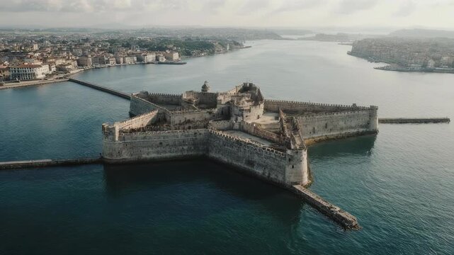 Aerial view of a star-shaped fortress in the sea with connecting walls to the shore, city backdrop