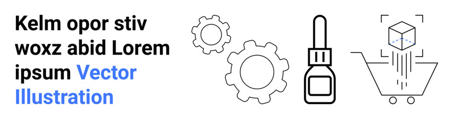 Obraz premium E-commerce, automation, software development, online shopping, technology, logistics. Digital gears, a dropper tool and a 3D cube in a shopping cart. E-commerce and automation