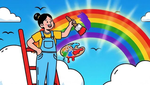Girl Painting Rainbow on Ladder in Cartoon Style Illustration.