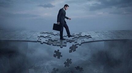 Businessman navigating uncertainty on a puzzle path abstract environment conceptual art surreal viewpoint balance and caution