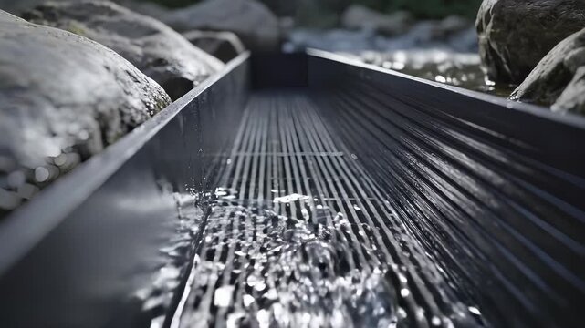 Close-up of a gold panning sluice box with water flowing through it.