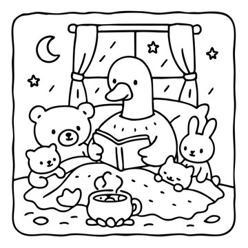 A cozy scene featuring a duck reading to a group of animal friends, including a bear, bunny, and cat, by a window with stars and a moon.