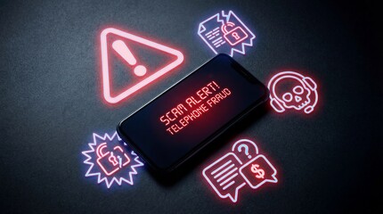 Smartphone flatlay alerting users to telephone fraud digital environment conceptual viewpoint technology awareness