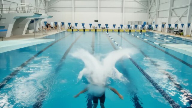 Enthusiastic Boy Jumps Off Diving Board Into Indoor Swimming Pool