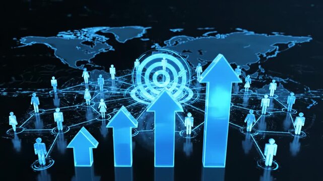 Blue target with arrow and people icons on dark background with world map