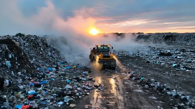Landfill Compactor at Sunset - A Visual of Waste Management.