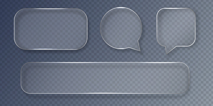 A set of transparent frosted glass shapes in the Glassmorphism style. On a dark background. Ideal for presentations and modern UI design elements. Vector illustration