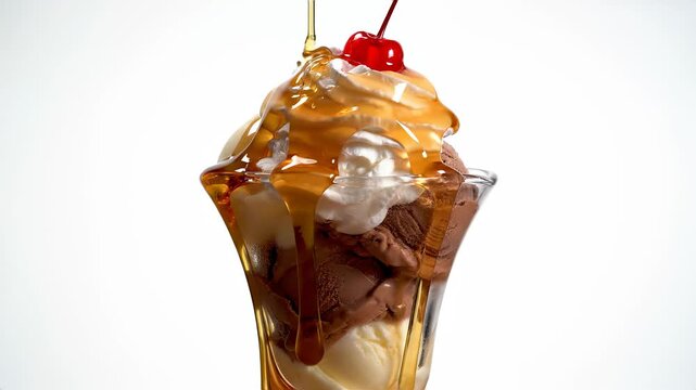 Delicious Ice Cream Sundae with Caramel Drizzle and Cherry on Top.