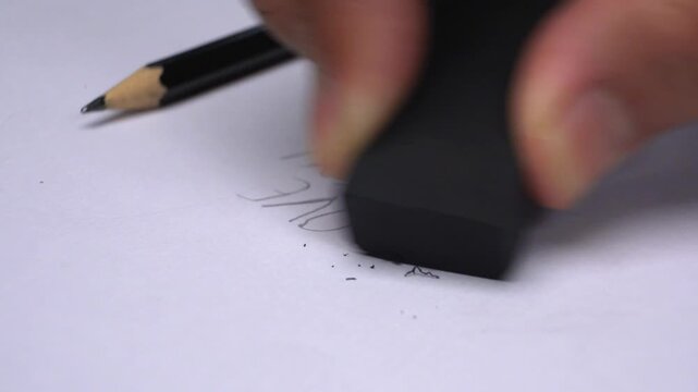 Hand erasing pencil marks from a sheet of paper with a rubber, a graphite pencil resting nearby