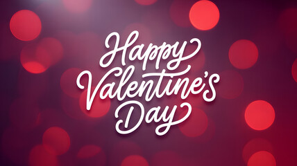 "Happy Valentine's Day" White Handwritten Script Text on Red and Purple Bokeh Lights Background