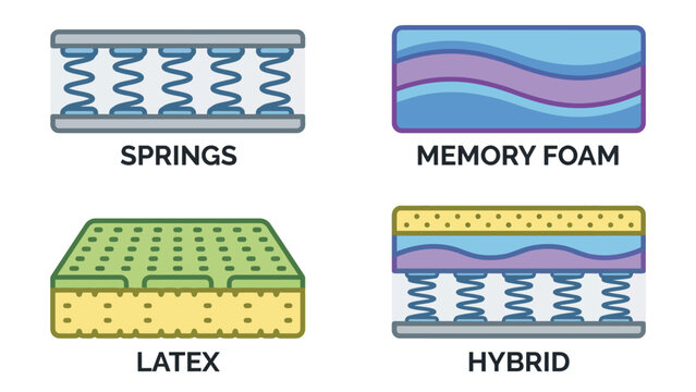 Illustration showing four different types of mattresses: springs, memory foam, latex, and hybrid, with their internal structures visible.