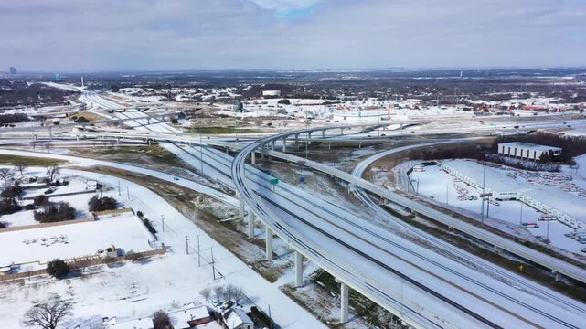 Aerial view of snow-covered I-30 and I-820 in east Fort Worth after the January 2026 snowstorm
