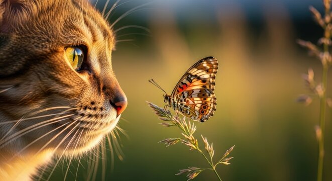 Curious cat encounters colorful butterfly in sunny meadow