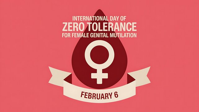 International day of zero tolerance for female genital mutilation with woman symbol on red blood drop for healthcare advocacy and human rights campaign web banner or printed poster art