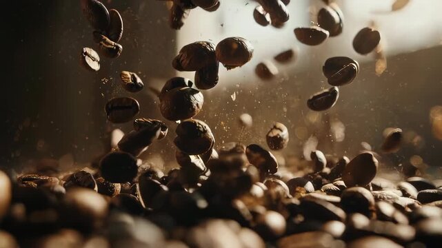 Coffee beans cascade in a dynamic shot, some falling, others at rest. Warm lighting highlights texture