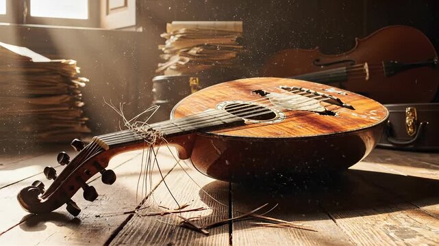 A beautiful vintage mandolin rests on a wooden surface in a sunlit room.