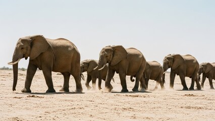 Fototapeta premium Elephants traverse a dry, dusty landscape under a bright, cloudless sky