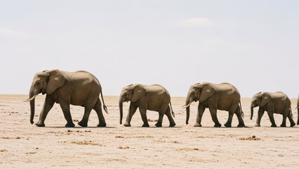 Fototapeta premium Elephant family walking in a line across a dry, barren landscape under bright sky