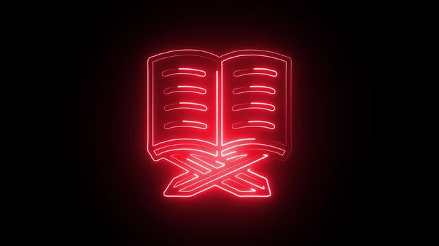Digital glowing red open book with neon light lines on black background futuristic knowledge education technology concept