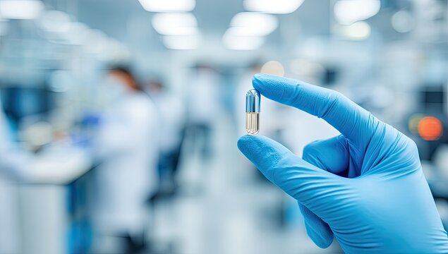 Scientist in lab holds single capsule in gloved hand, blurry background