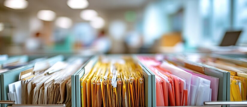 Organized files and folders in a bright, modern office setting with blurred background