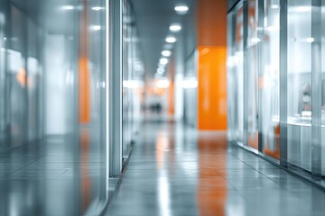 Fototapeta premium Bright, modern interior corridor with reflections and orange accents