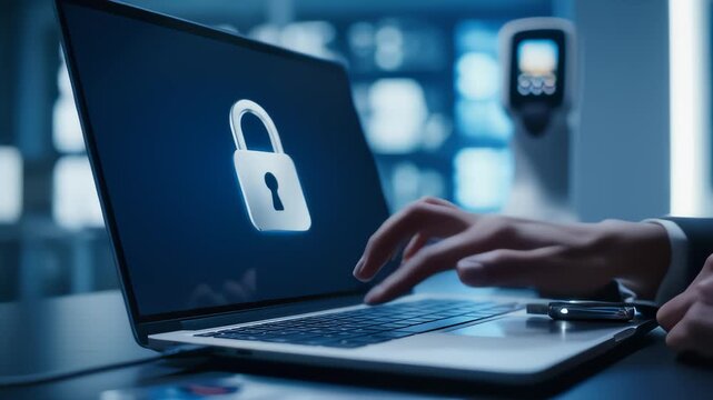 Person Inserting Flash Drive Into Laptop Showing Padlock Security